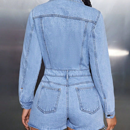 Buttoned Collared Neck Long Sleeve Denim Romper