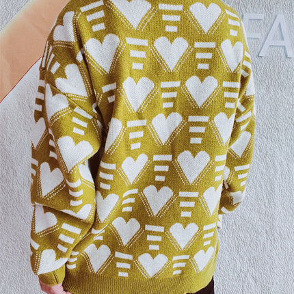 Heart Contrast Long Sleeve Dropped Shoulder Sweater