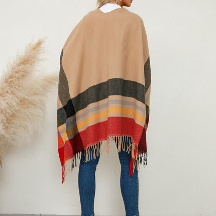 Fringe Contrast Plaid Poncho