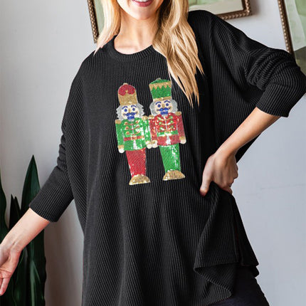 Heimish Sequin Nutcracker Long Sleeve Ribbed Top