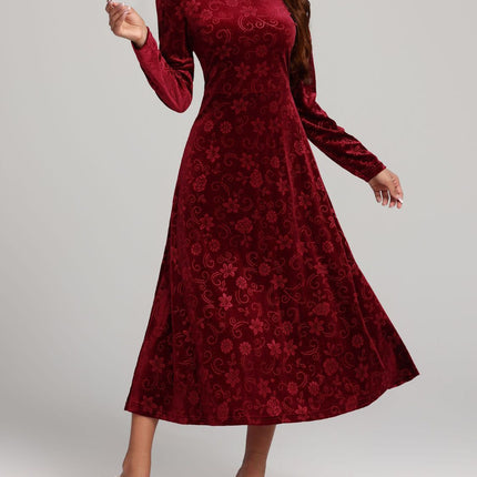 Flower Print V-Neck Long Sleeve Midi Dress