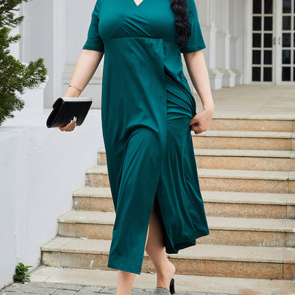 Plus Size Slit Surplice Short Sleeve Midi Dress