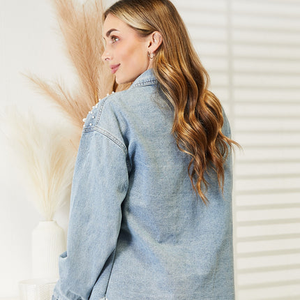 Collared Neck Raw Hem Dropped Shoulder Denim Jacket