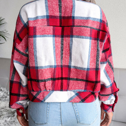 Plaid Collared Neck Long Sleeve Jacket