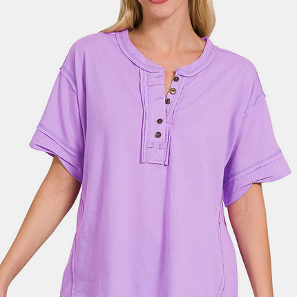 Zenana Exposed Seam Half Button Short Sleeve Top