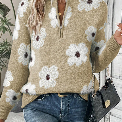 Flower Half Zip Long Sleeve Sweater