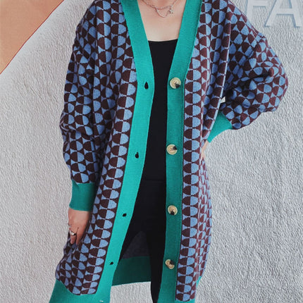 Contrast Trim Geometric Button Down Cardigan