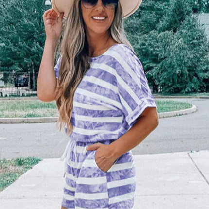 Striped Round Neck Top and Shorts Set