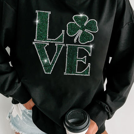 LOVE Rhinestone Clover Round Neck Sweatshirt