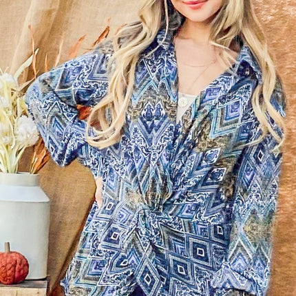 And The Why Print Twist Knot Long Sleeve Blouse