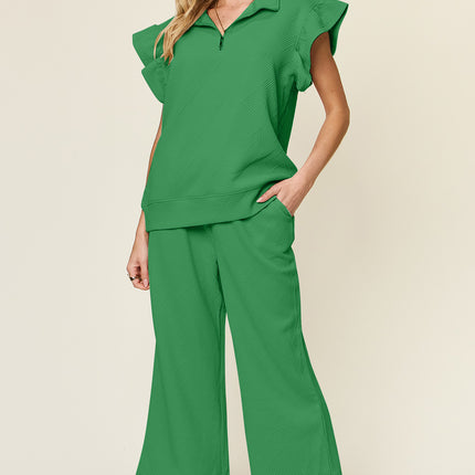 Double Take Texture Ruffle Short Sleeve Top and Drawstring Wide Leg Pants Set