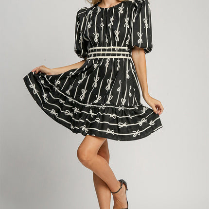 Umgee Ribbon Print Frill Contrast Velvet Trim Half Sleeve Dress