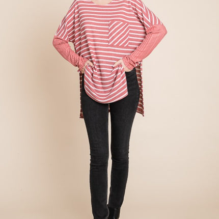 Culture Code Oversize Striped Round Neck Long Sleeve Slit T-Shirt