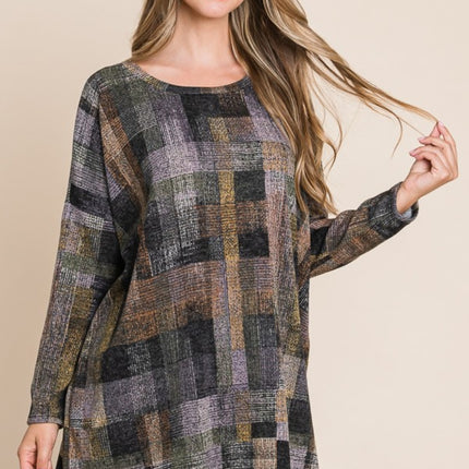 BOMBOM Plaid Round Neck Long Sleeve Top