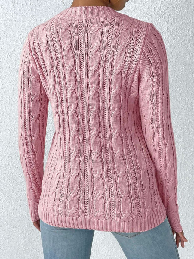 Cable-Knit Heart Round Neck Long Sleeve Sweater