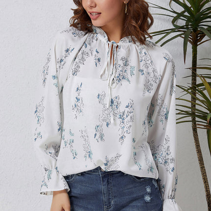 Double Take Floral Tie Neck Flounce Sleeve Blouse