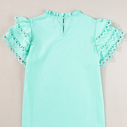 Ruffled Eyelet Round Neck Cap Sleeve Blouse