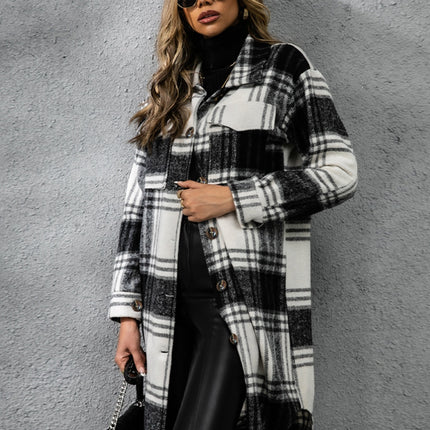 Plaid Collared Neck Long Sleeve Coat