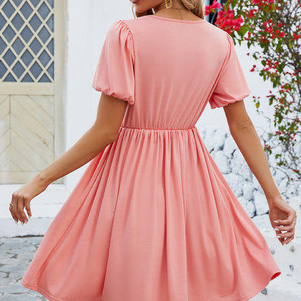 V-Neck Balloon Short Sleeve Dress