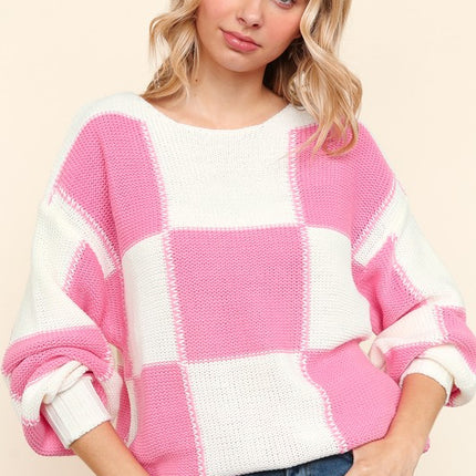 Haptics Full Size Checkered Round Neck Drop Shoulder Sweater