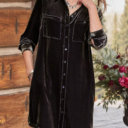 High-Low Button Up Long Sleeve Knee Length Dress