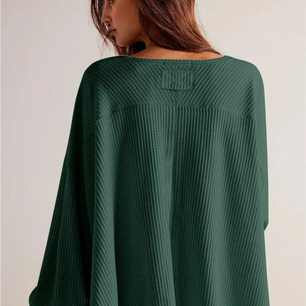 Waffle-Knit V-Neck Long Sleeve Top