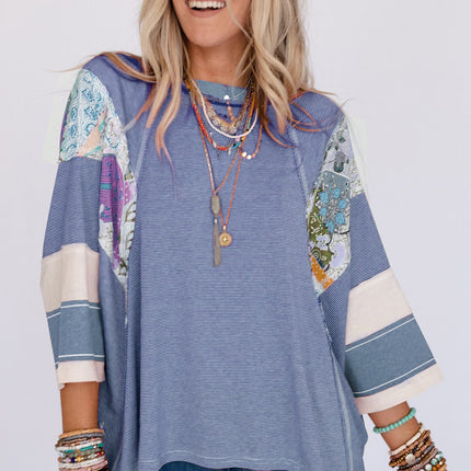 Striped Floral Patchwork Round Neck Top