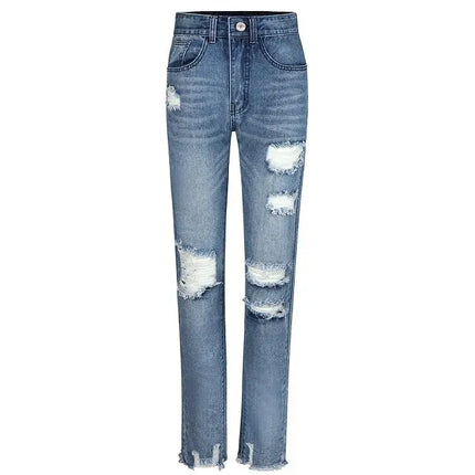Women's Ripped Boyfriend Slim Fit Jeans Frayed Distressed Stretchy Denim Pants Casual Fashion Stretch Blue Jeans