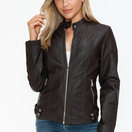 Snobbish Faux Leather Biker Jacket with Side Zip Pockets