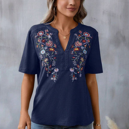 Embroidered Notched Short Sleeve T-Shirt