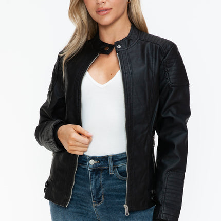 Snobbish Faux Leather Biker Jacket with Side Zip Pockets