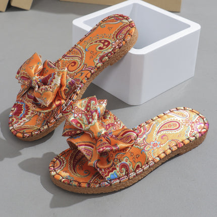 Bow Printed Open Toe Flat Sandals