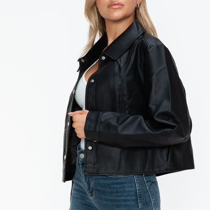 Snobbish Snap Down Long Sleeve PU Leather Jacket