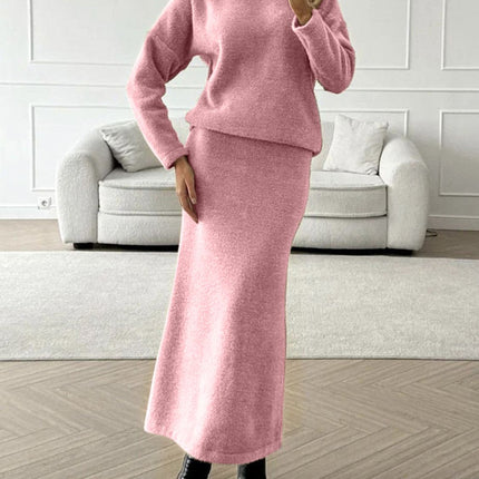 Round Neck Dropped Shoulder Top and Midi Skirt Sweater Set