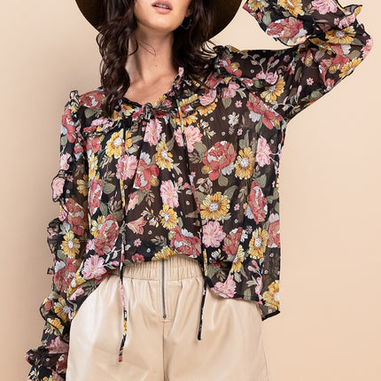 Ces Femme Ruffle Trim Long Sleeve Floral Blouse