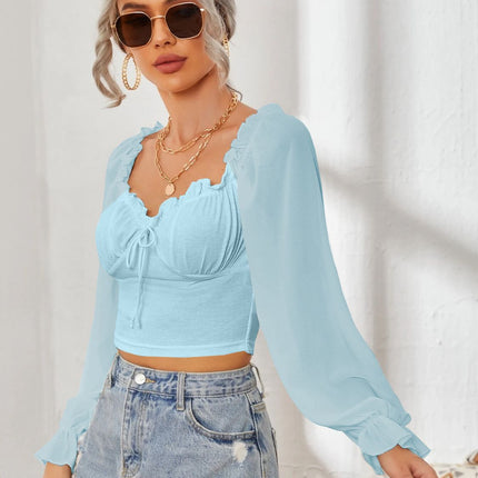 Mesh Sweetheart Neck Flounce Sleeve Top