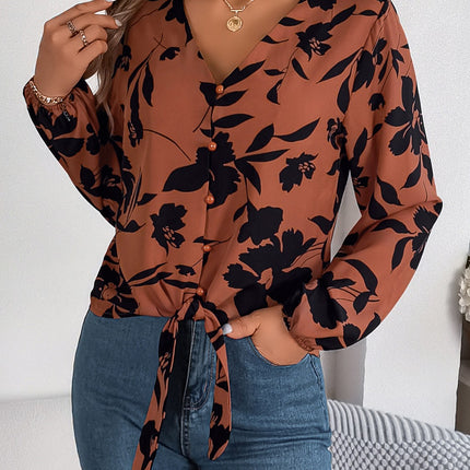 Printed V-Neck Long Sleeve Blouse