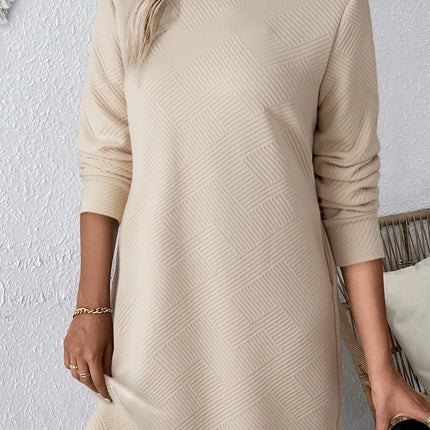 Textured Round Neck Long Sleeve Mini Dress