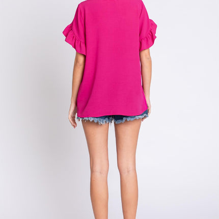 GeeGee V-Neck Ruffle Trim Short Sleeve Blouse