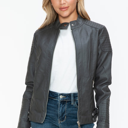 Snobbish Faux Leather Biker Jacket with Side Zip Pockets