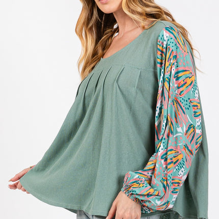 SAGE + FIG Ruched Round Neck Printed Bubble Sleeve Top