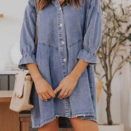 Distressed Collared Neck Flounce Sleeve Denim Dress