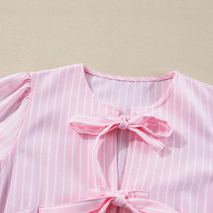 Tied Bow Striped Round Neck Blouse
