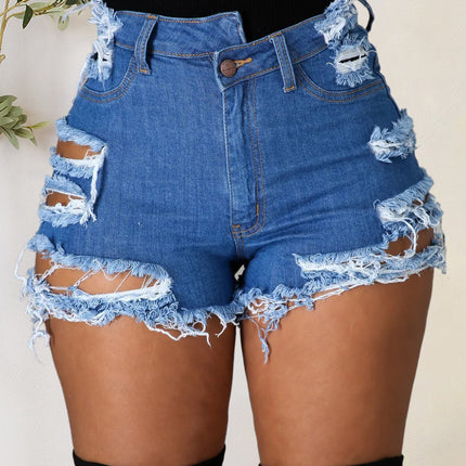 Distressed Raw Hem Denim Shorts with Pockets