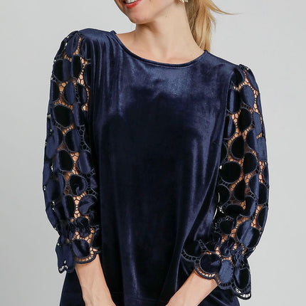 Umgee Polka Dot Lace Long Sleeve Round Neck Blouse