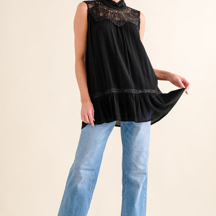 And The Why Lace Detail Sleeveless Ruffled Top