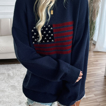 Devine US Flag Round Neck Long Sleeve Knit Top - Vickie Lynn's