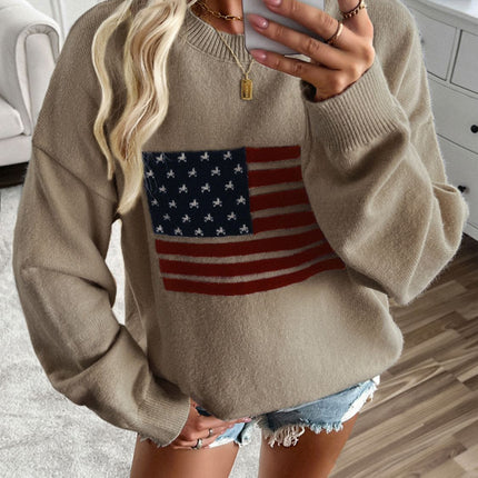 Devine US Flag Round Neck Long Sleeve Knit Top - Vickie Lynn's