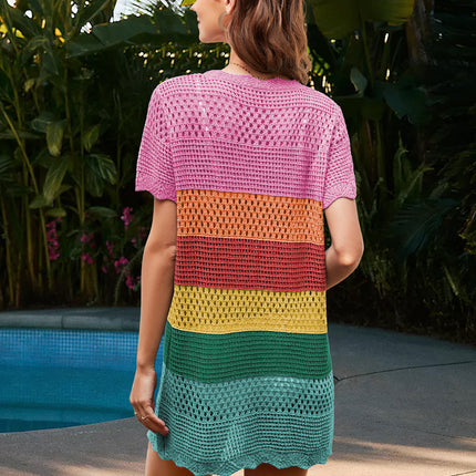 Openwork Round Neck Short Sleeve Cover-UP