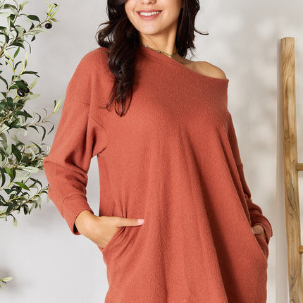 BOMBOM Drop Shoulder Long Sleeve Blouse with Pockets